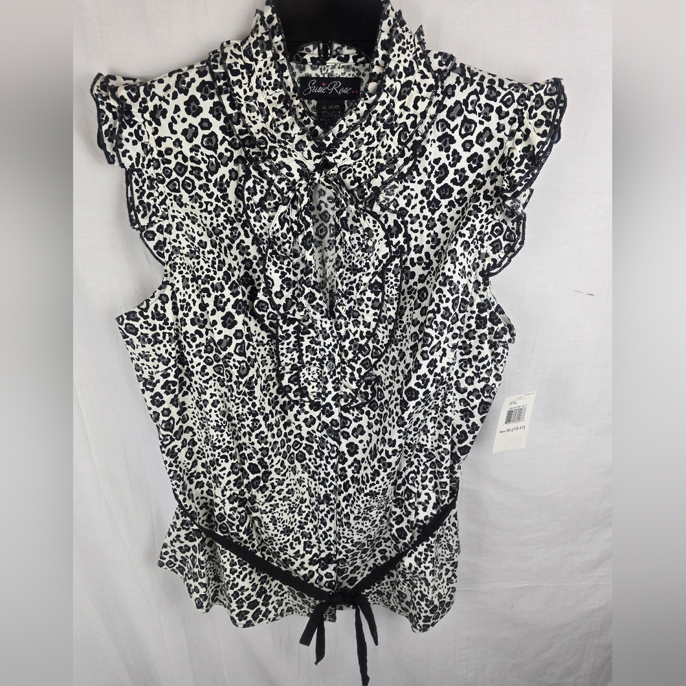 NWT Suzie Rose Black & White Leopard Print Sleeveless Cotton Shirt Sz 15/17 - Picture 2 of 7